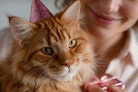 Ginger cat wearing party hat celebrating birthday with owner holding gift box, close up portrait of fluffy maine coon cat face showing festive mood.