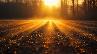 Golden sunrise light streaming across wet asphalt road with bokeh reflections, creating atmospheric perspective for travel, transportation, and journey concepts.