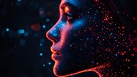 Side profile portrait in neon lighting with glowing red and blue particles creating magical atmosphere against dark background, dramatic contrast and ethereal effect.