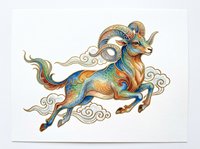 Ornate decorative ram with flowing mane and tail, featuring intricate gold, blue, and orange patterns. Isolated on transparent background, ready for t-shirts, stickers, clipart, sublimation, and print-on-demand designs.