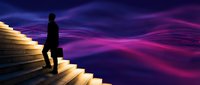 Silhouette of male professional in business attire standing on illuminated stairs overlooking vibrant purple and pink gradient landscape, representing career growth, ambition, and future success.