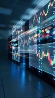 Financial trading charts and stock market data displayed on multiple transparent screens with colorful candlestick graphs and analytics for investment analysis.