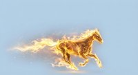 Fiery horse galloping with flames and sparks trailing behind against light blue background. Dynamic energy concept for sports and power themes.