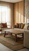 Modern living room interior with natural wood furniture, neutral sofa, colorful cushions and warm sunlight streaming through curtains.