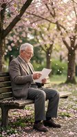 Senior Caucasian man reading letter on park bench under blooming cherry blossom trees in spring. Elderly gentleman enjoying peaceful moment outdoors.