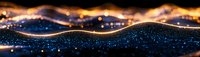 Abstract glowing waves with sparkling blue and gold particles creating magical luminous pattern against dark background, panoramic view.