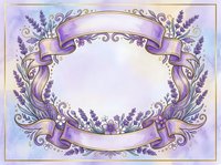Ornate lavender frame with decorative ribbons and flourishes on isolated white background, ready for invitations, labels, greeting cards, and design projects.