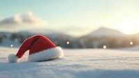 Santa hat lying in fresh snow during sunset with blurred winter mountain landscape and bokeh lights in background, festive seasonal composition.