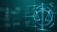 Digital justice scales with glowing network connections and data points on dark teal background for legal technology and law firm presentations.