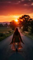 Woman with long dark hair standing on rural road at sunset, wearing flowing dress, facing golden sun on horizon with mountains and trees silhouetted against dramatic orange sky.