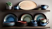 Rustic ceramic tableware collection displayed on wooden shelves featuring plates, bowls and mugs in blue, green and earth tones with speckled glazed finish.