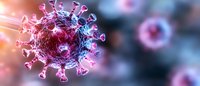 Microscopic view of virus cell structure in pink and blue colors with spiky surface proteins against blurred background showing molecular detail and scientific research.
