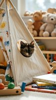 Kitten peeking through circular window of cream canvas teepee tent in playroom with stuffed animals, toys, and children's books for nursery and daycare design.