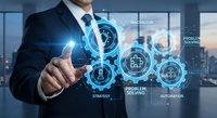 Professional businessman in dark suit touching glowing blue digital interface with innovation and problem solving icons in modern office environment.