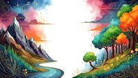 Fantasy landscape with mountains, colorful trees and winding river under dramatic sky. Digital art for gaming, storytelling and creative projects.