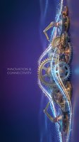 Futuristic mechanical gears with glowing blue energy streams on purple gradient background for technology and innovation concepts.