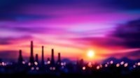 Industrial refinery silhouettes against vibrant purple and orange sunset sky with glowing sun and bokeh city lights creating dramatic dusk atmosphere.