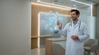 Male doctor presenting digital healthcare technology interface in modern medical office with futuristic holographic display system.
