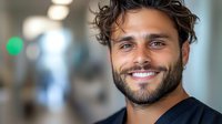 Young Mediterranean man with beard and curly dark hair wearing black t-shirt smiling confidently at camera in office setting with blurred background.