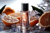 Elegant perfume bottle with fresh citrus oranges and ice crystals on reflective surface, capturing luxury fragrance in soft lighting for cosmetic advertising.