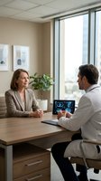 Professional medical consultation between Caucasian female patient and male doctor discussing brain scan results in modern clinic office setting.