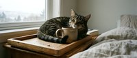 Tabby cat relaxing in cardboard box on wooden tray by window with natural light, cozy home interior setting for pet lifestyle and comfort themes.