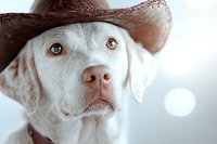 White Labrador Retriever wearing brown leather cowboy hat looking at camera with soulful expression against light background, close up portrait of dog face.