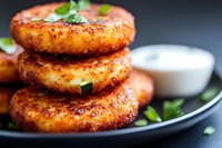 Crispy golden potato cakes stacked on dark plate with fresh herbs and sour cream dip. Close up view of homemade vegetarian appetizer with selective focus.