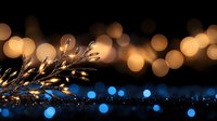 Magical winter composition with golden and blue bokeh lights creating dreamy atmosphere. Glowing spruce branch with frost crystals against dark background.