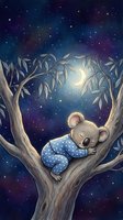 Adorable koala in blue pajamas sleeping peacefully on eucalyptus tree branch under magical starry night sky with glowing moon for children's bedtime stories.