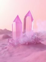 Pink crystal quartz points rising from rough mineral base against dreamy rose background, mystical healing stones in soft ethereal lighting and foggy atmosphere.