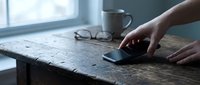 Person using computer mouse on rustic wooden desk with coffee mug and eyeglasses, suitable for business, technology, and workspace design projects.