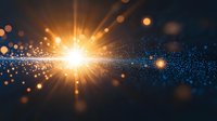 Abstract digital particle explosion with bright golden light rays and bokeh effects on dark blue background for technology presentations.