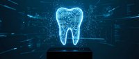 Digital holographic tooth with glowing blue circuit patterns and light effects on dark background for dental technology and healthcare innovation concepts.