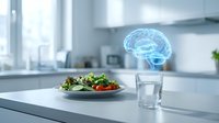 Holographic brain projection above glass of water next to healthy salad in modern kitchen representing cognitive nutrition and mental wellness concepts.