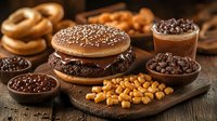 Chocolate caramel burger dessert with sesame seeds on wooden board, surrounded by sweet toppings, corn nuts and bagels in rustic setting.