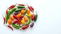 Fresh red, green, yellow and purple chili peppers arranged in circular pattern on white background, isolated for culinary and food design projects.