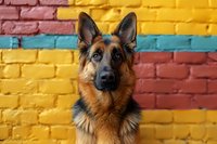 German Shepherd dog portrait against colorful striped brick wall background. Alert expression and pointed ears showcase breed characteristics in urban setting.