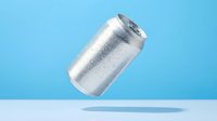 Blank aluminum soda can with water droplets floating on a light blue background, mockup ready for branding and packaging design.