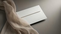 Hand holding white envelope with elegant silk fabric drape on neutral background for luxury correspondence and wedding invitation concepts.