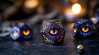 Mystical dragon eye dice with glowing blue and orange details on dark background, fantasy gaming accessories for tabletop roleplaying games and collectors.