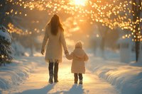 Mother and child walking hand in hand on snowy path at sunset with magical bokeh lights and winter atmosphere creating heartwarming family moment.