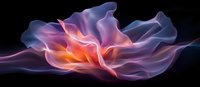 Ethereal flowing smoke forms in vibrant purple, pink and orange hues against black background create abstract fluid art composition with dynamic movement.