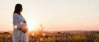 Pregnant woman in white dress standing in golden field at sunset, expecting mother silhouette against warm sky, maternity photography concept for wellness content.