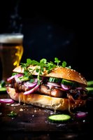 Gourmet beef burger with fresh toppings, microgreens, red onions and cucumber slices on rustic wooden surface, served with craft beer. Perfect for restaurant menu or food advertising.