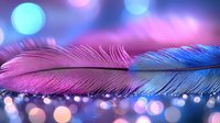 Delicate feather on bokeh background with pink and blue gradient lighting creates dreamy atmosphere. Macro photography captures water drops and light reflections.