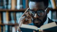 Young African American male professional with glasses reading book in library while adjusting eyewear, showing focused concentration and intellectual pursuit.