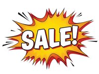 Comic book style explosion burst with SALE text in bold white letters on yellow orange red gradient background for promotional marketing campaigns.