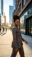 Confident African American businesswoman in plaid suit walking through modern city district during golden hour for corporate and professional lifestyle content.