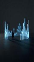 Silhouetted figure standing amid glowing blue vertical bar charts and data visualization elements in dark environment, representing business analytics, financial growth, and digital transformation concepts.